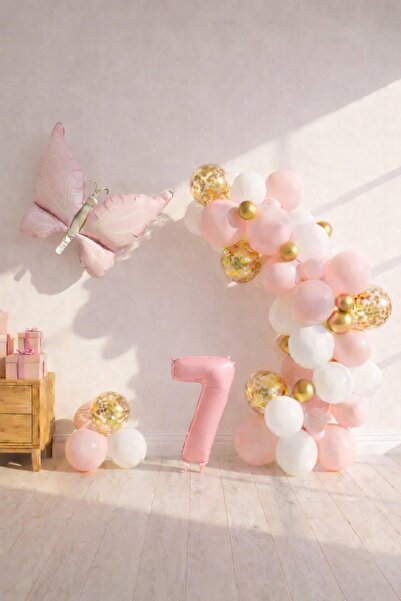 Patladı Gitti Butterfly Themed Pink 7Th Birthday Balloon Set – Pink Gold Ball...