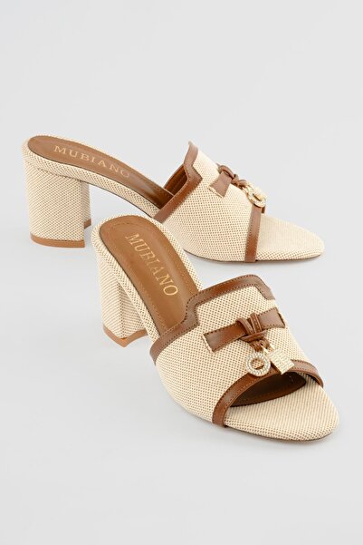 Mubiano Women's High Heeled Shoes Linen Detailed Buckle Slippers Azura Brown