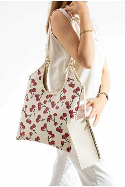 ÖZÜM TAKI Women's Cherry Patterned Large Size Shoulder Bag with Puppy Design