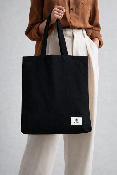AGAPI Black Thick Canvas Shoulder Bag Tote Bag 42X34 cm