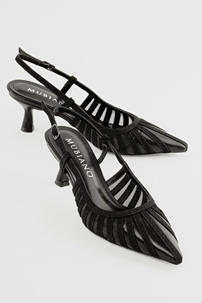 Mubiano Women's Stiletto Snake Patterned Mesh Detailed Heeled Shoes Serpa Black