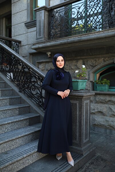 By Atelier Rosella Women's Navy Blue Waist-Slit Long Flared Skirt Dress/Eveni...