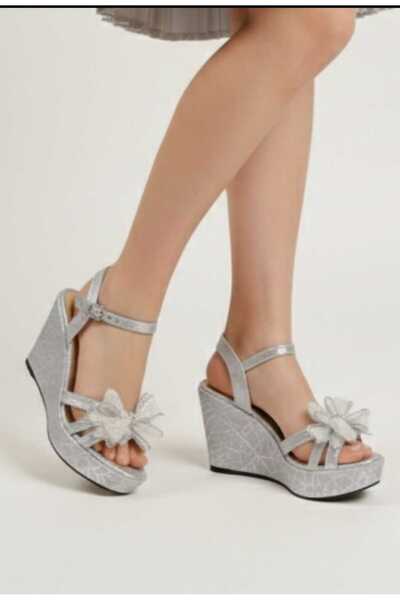 AYDOĞDU by ünal Silver Filled Heel Tulle Stone Bow Detailed Evening Dress Sho...