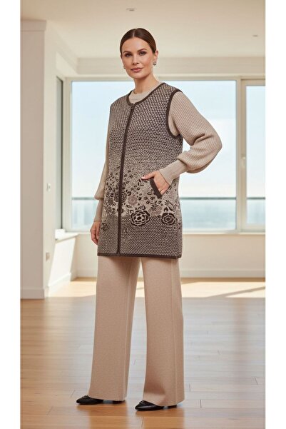 larocci Women's Zippered Patterned Sleeveless Long Vest