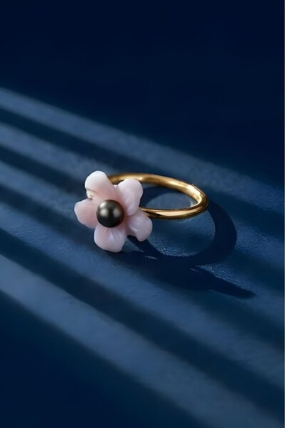 Takıdepo Sedefi Bahar Model Ve Siyah İnci Taşlı Minimal Kadın Yüzük - Altın R...