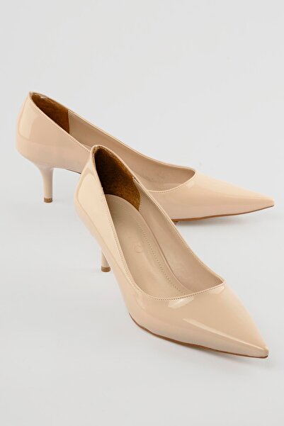 Mubiano Women's Patent Leather Stiletto Pointed Toe Heeled Shoes Elva Beige