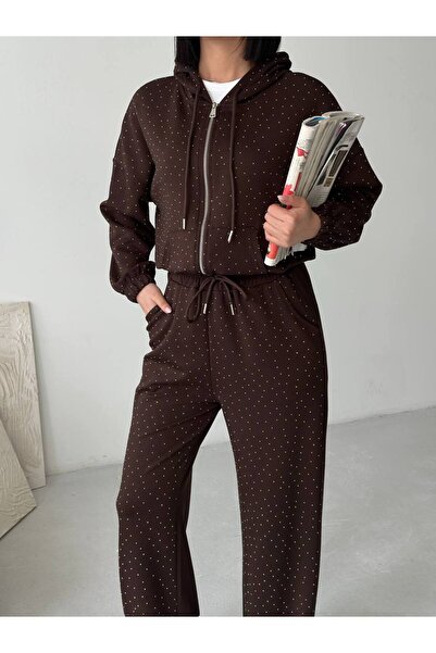 Tarzımızbir Zippered Stone Tracksuit Set Bottom and Top