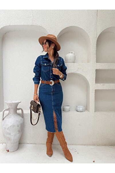 KUPAKIZI Kadın Düğme Detaylı Denim Elbise