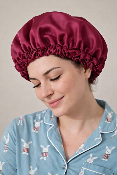 Pretty Saten Saç Bonesi – Bordo | Kaymaz Lastikli Uyku & Bakım Bonesi