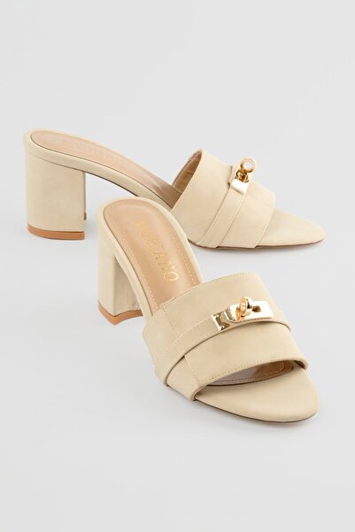 Mubiano Women's Nubuck Heeled Shoes with Buckle Detail, Ficoa Beige