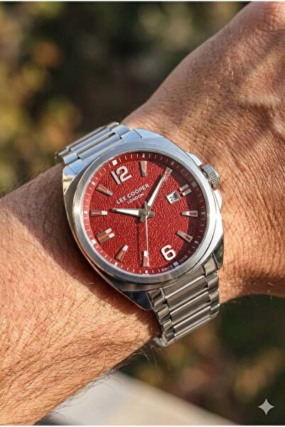 Lee Cooper Kırmızı Kadran Erkek Kol Saati | 46mm Çelik Kasa, Çelik Kordon, Ta...
