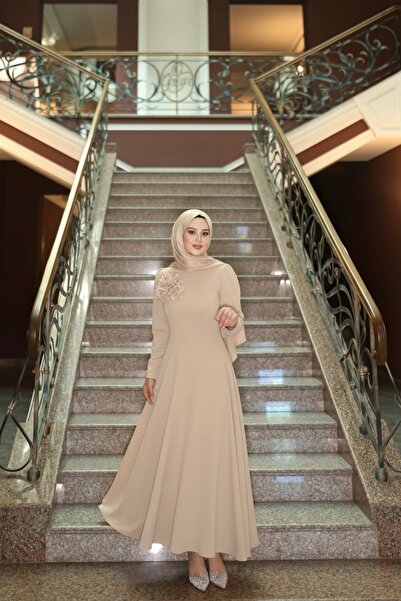 By Atelier Rosella Women's Beige Waist-Slit Long Flared Skirt Dress/Evening D...