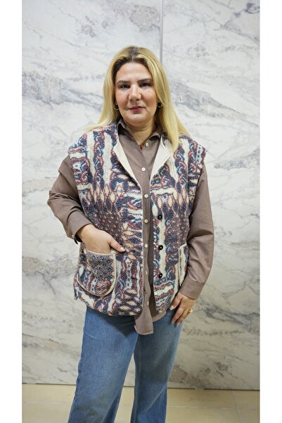 BE ATÖLYE BUTİK Keçe Kumaş Desenli Kadın Yelek – Astarlı, Cepli, Düğmeli – 38...