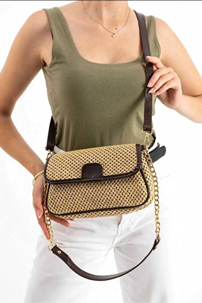 ÖZÜM TAKI Women's Straw Chain Strap Crossbody Shoulder Bag Brown
