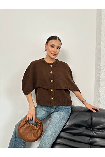 lucifer underwear Acı Kahve Pelerinli Düğmeli Bisiklet Yaka Triko Hırka