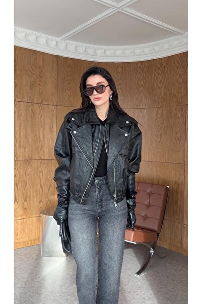 HAZELANNA Geacă de piele premium neagră