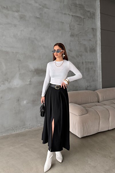 R-Style Kemerli Yırtmaçlı Pileli Etek