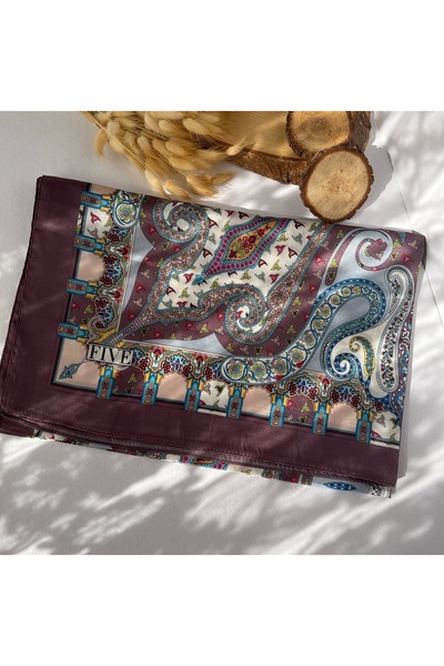 FİVESCARF Retro Desen Vual İpek Şal Mürdüm