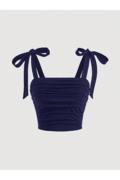 NACRE Women's Navy Blue Tie-Back Crop Top