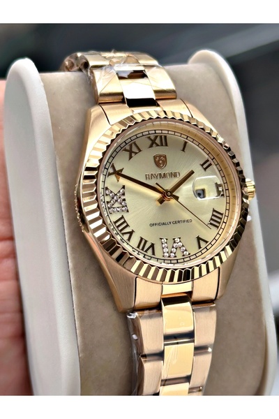 Raymond Altın Renk Roma Rakamlı Çelik Orjinal Kadın Kol Saati + BİLEKLİK HEDİ...