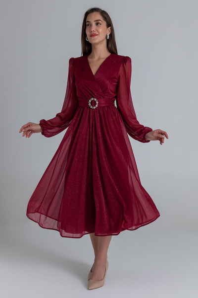 MY GRS Burgundy long-sleeved dress with a V-neck waist belt and glitter embel...