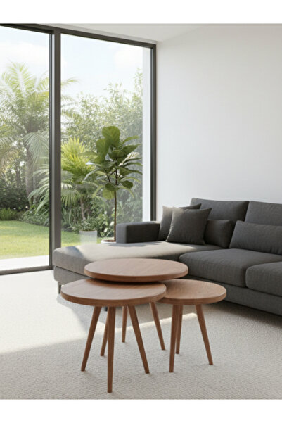 EkaWood Doğal Masif Ahşap 3’lü Zigon Sehpa Takımı