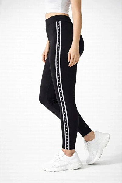FRESCO SCARFS Stretch Fabric Side Star Stripe Detailed Leggings - Black