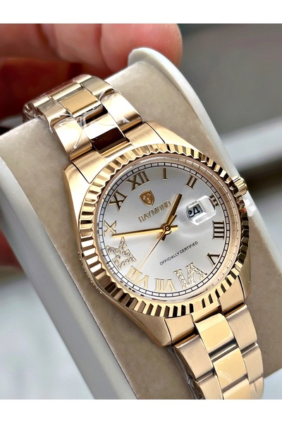 Raymond Altın Renk Roma Rakamlı Çelik Orjinal Kadın Kol Saati + BİLEKLİK HEDİ...