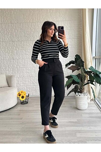 TREND KOMBİN Γυναικείο παντελόνι με διπλό κουμπί, πλισέ, σε σχήμα καρότου, fu...