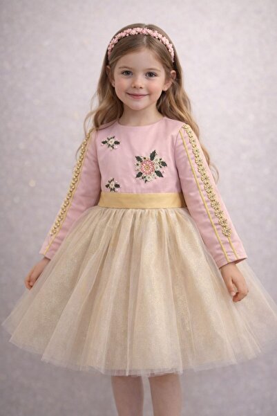 La reina petite Girls' embroidered and fluffy dress in pink and gold