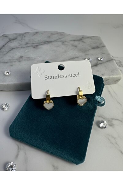 Meneva Aksesuar Gold Color Steel Minimal Heart Pearl Earrings