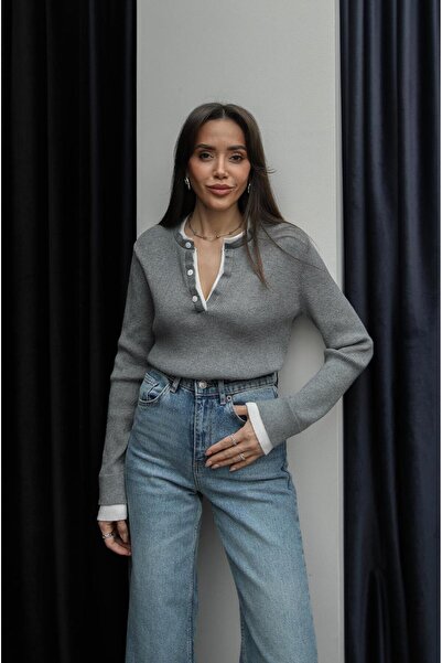 Havoş Gray Double Collar Buttoned Sweater