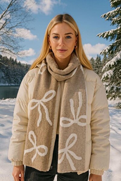 marsel aksesuar Special Bow Pattern Mink Double-Sided Wool Soft Textured Shaw...