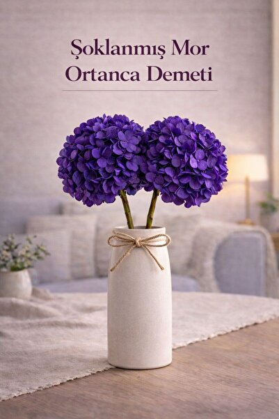 Bontia Şoklanmış Mor Ortanca Demeti – Cam Vazoda, Bakım Gerektirmeyen Dekorat...