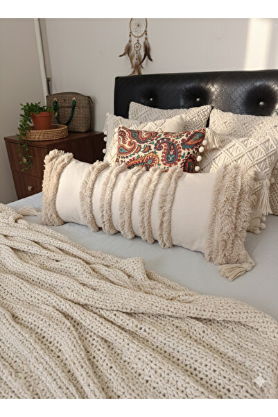 Kubrahobi Bohem model el yapımı ponponlu 35x 70 uzun yastık içi dolgulu