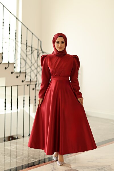 By Atelier Meva Women's Burgundy Pleated Front Long Flared Skirt with Belt Mo...