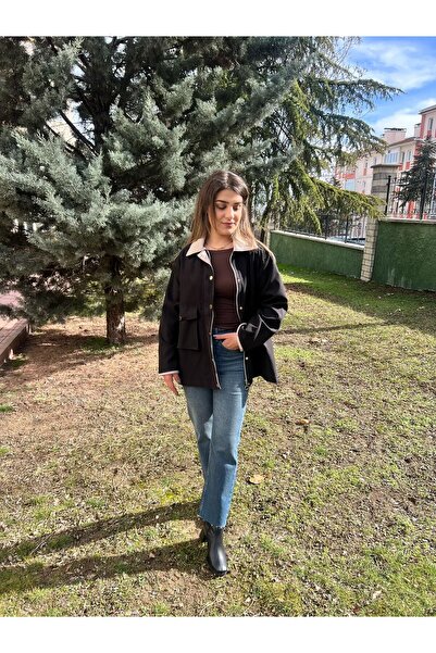 Dilara Güneş Butik FERMUARLI TRENÇKOT SİYAH
