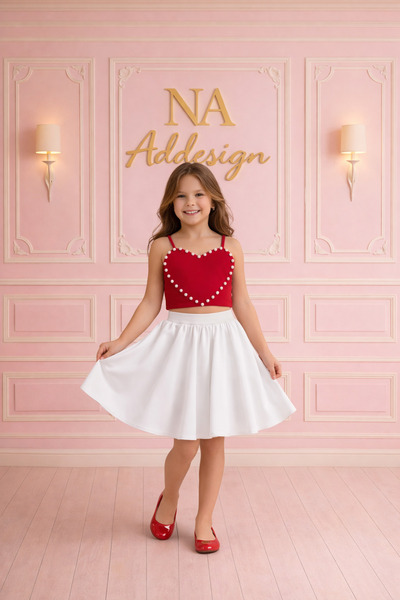 NA ADDESIGN Girl's Heart Pearl Detailed Crop Top and Elastic White Skirt Set