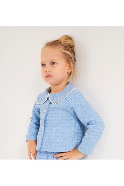Neo Kids Kız Çocuk İncili Mavi Tüvit Ceket Etek Takım