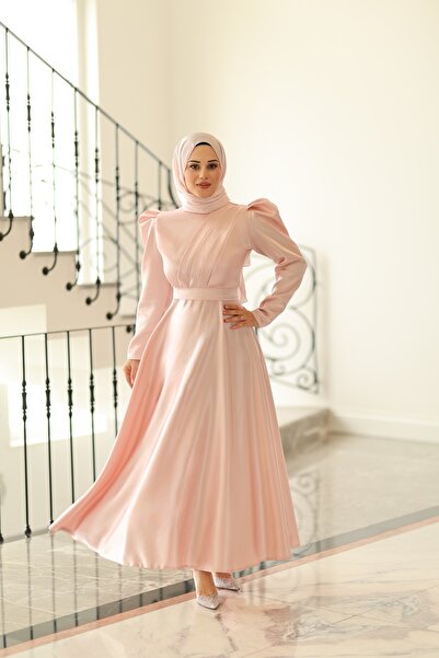 By Atelier Meva Women's Powder Color Pleated Front Long Flared Skirt with Bel...