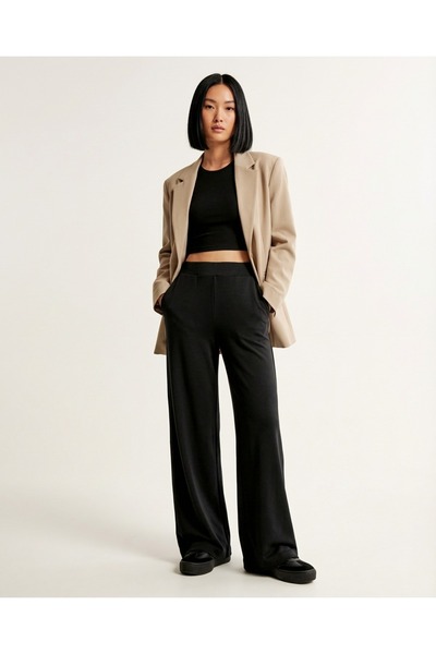 Grenj Fashion Black Soft Textured Wide Leg /Wide Leg High Waist Knitted Trousers