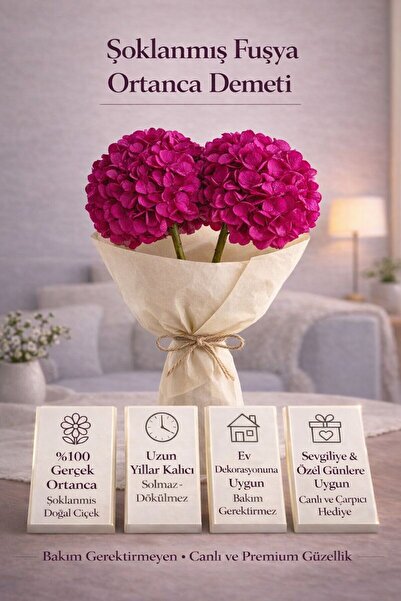 Bontia Şoklanmış Fuşya Ortanca Demeti – Uzun Ömürlü, Bakım Gerektirmeyen Deko...