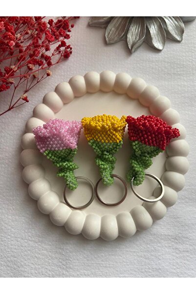 Handmade KUM BONCUK EL İŞİ RENKLİ ÜÇLÜ GÜL ANAHTARLIK