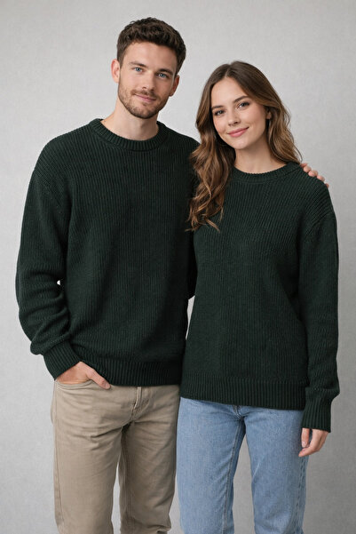 Sublime Butik Unisex tamni kaki uski pleteni džemper sa okruglim izrezom i ši...