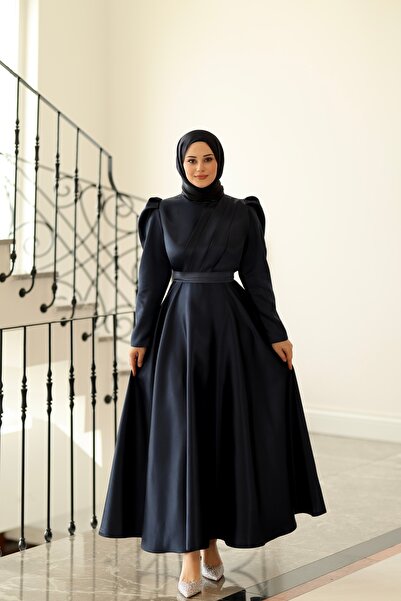 By Atelier Meva Women's Navy Blue Pleated Front Long Flared Skirt with Belt M...