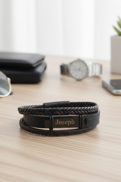 VAOOV 3 Sıra Kişiye Özel İsimli Mıknatıslı Kahverengi Siyah Deri Bileklik