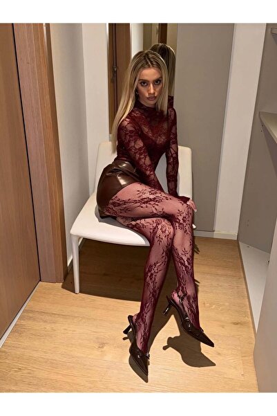 VINIA Women's Roses Fishnet Floral Patterned Pantyhose Burgundy Color Stylish...