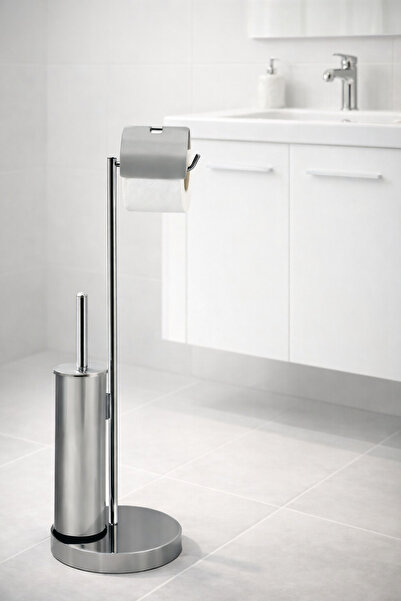 DMR HOME Krom Ayaklı Tuvalet Kağıtlığı ve WC Fırçası Seti | Modern Şık Banyo ...