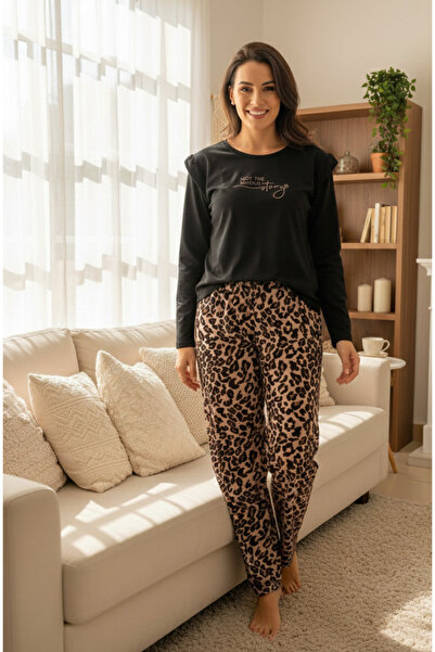 YusGos Women's Sandy Fabric Leopard Patterned Long Sleeve Printed Pajama Set