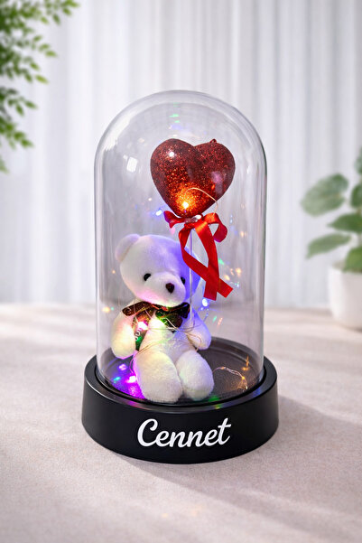 lovrime Kişiye Özel Işıklı Kırmızı Kalpli ve Ayıcıklı Fanus Sevgiliye Anneye ...